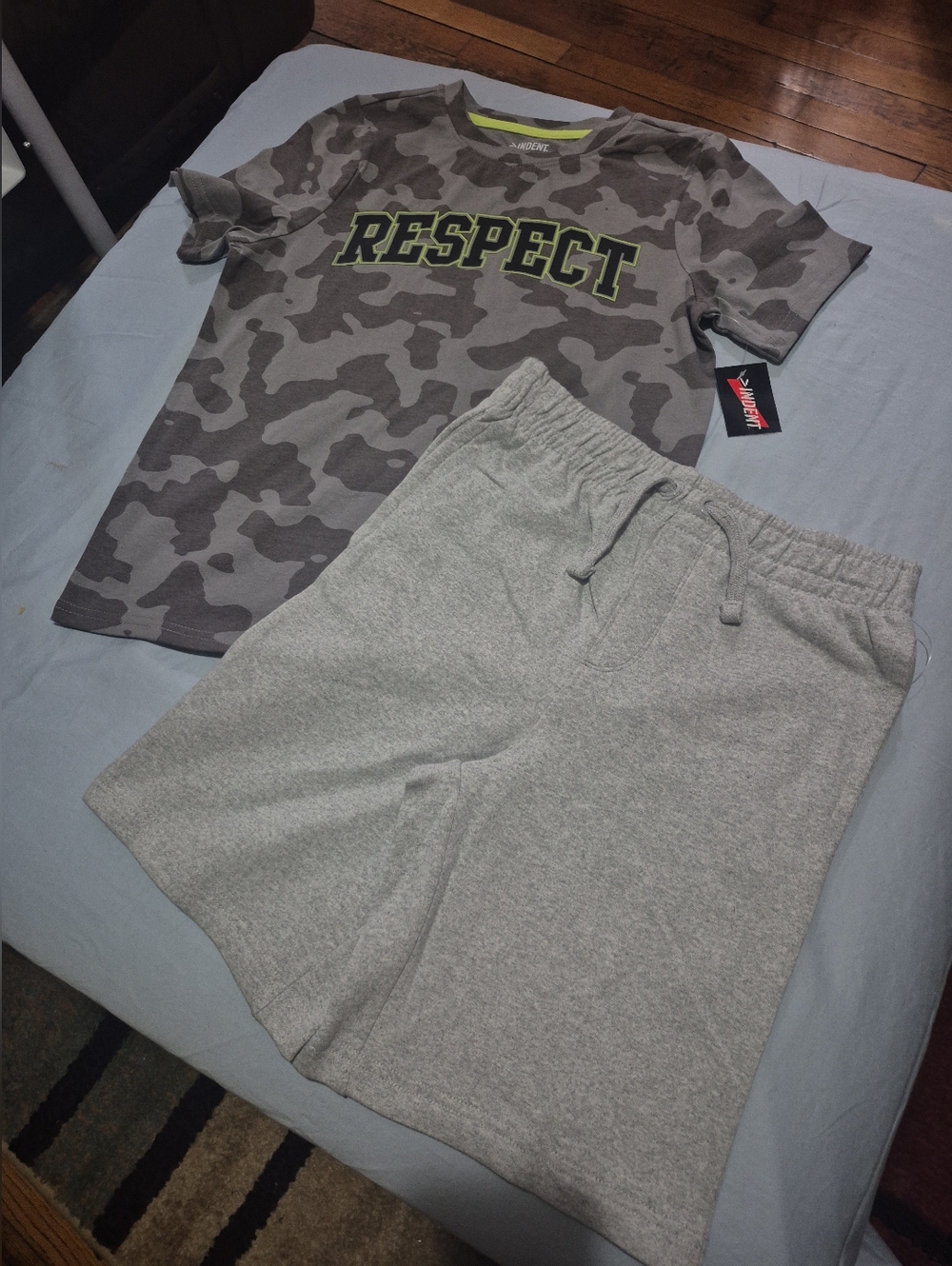 Kids Gray Camo 'RESPECT' Tee & Light Gray Sweatshorts Matching Set